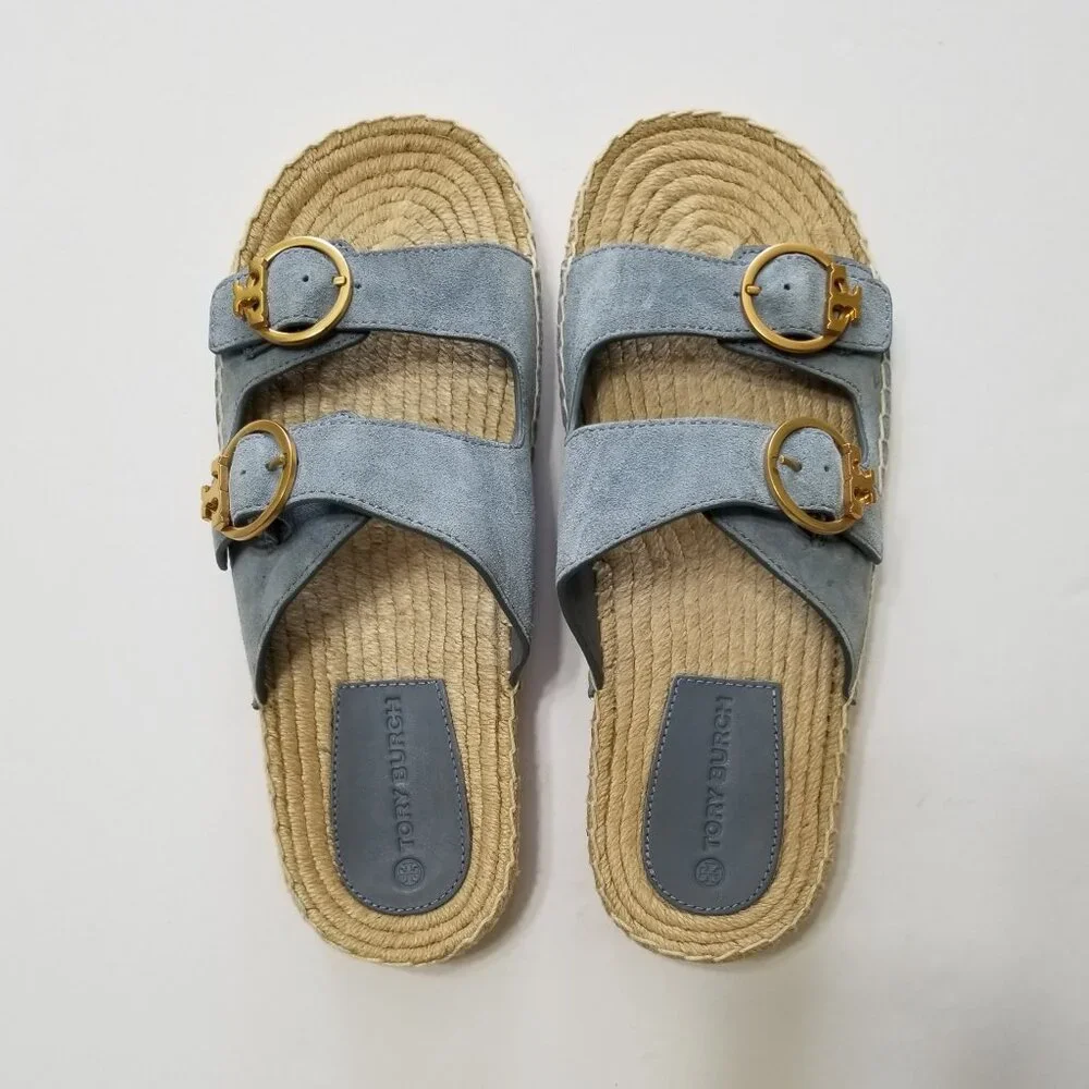 NWOB Tory‎ Burch Selby Two-Band Espadrille Slide Sandal in Blue Calla